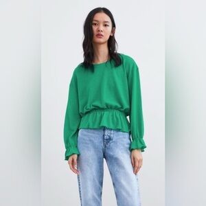 Emerald green long sleeve Zara ruffled peplum top sz small